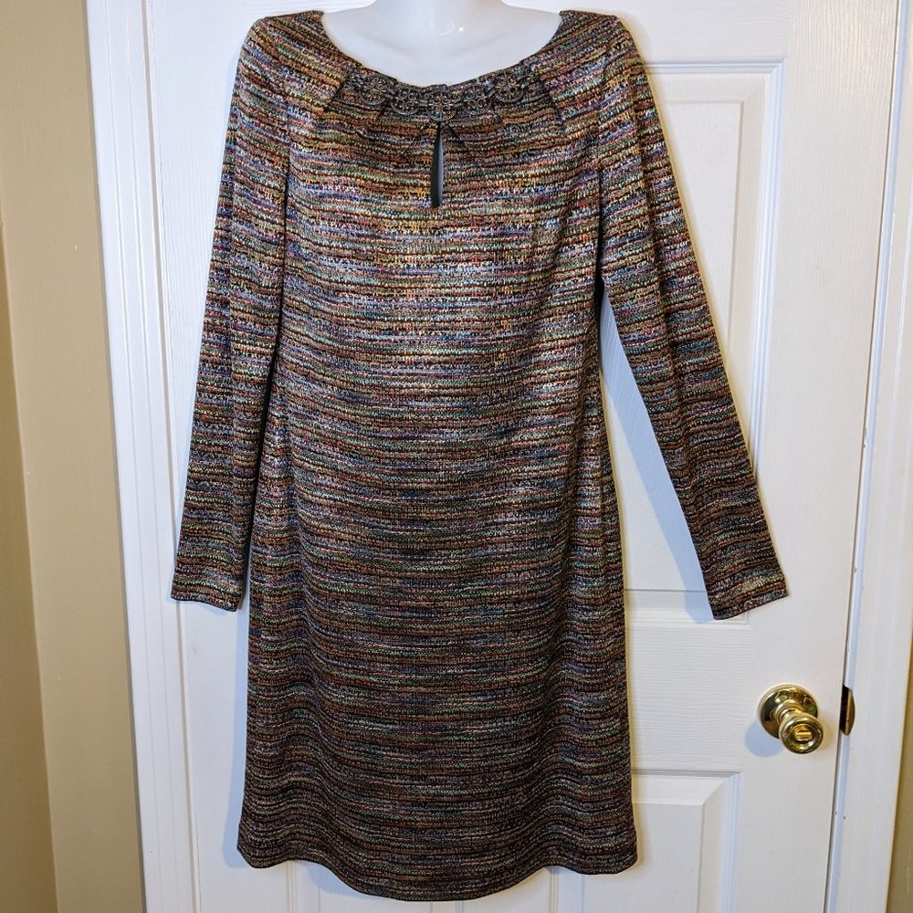 Kay Unger NY Metallic Multicolor Tweed Like w/Metal Accent @ Neckline Dress - 8